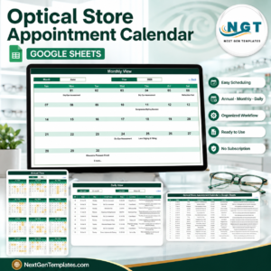 Optical Store Appointment Calendar in Google Sheets product cover showing the Monthly View, Annual View, Daily View and Events tabs