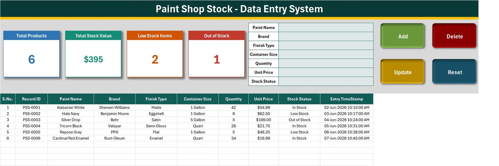 Paint Shop Stock Data Entry System in Excel data entry interface