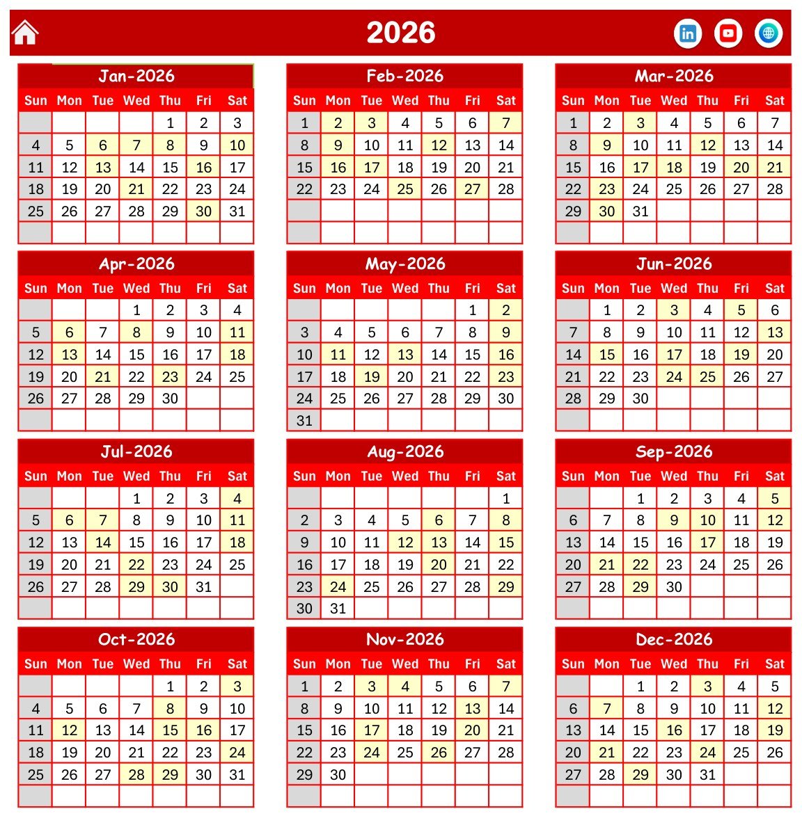 Annual View showing all twelve months of 2026 with sample event days highlighted