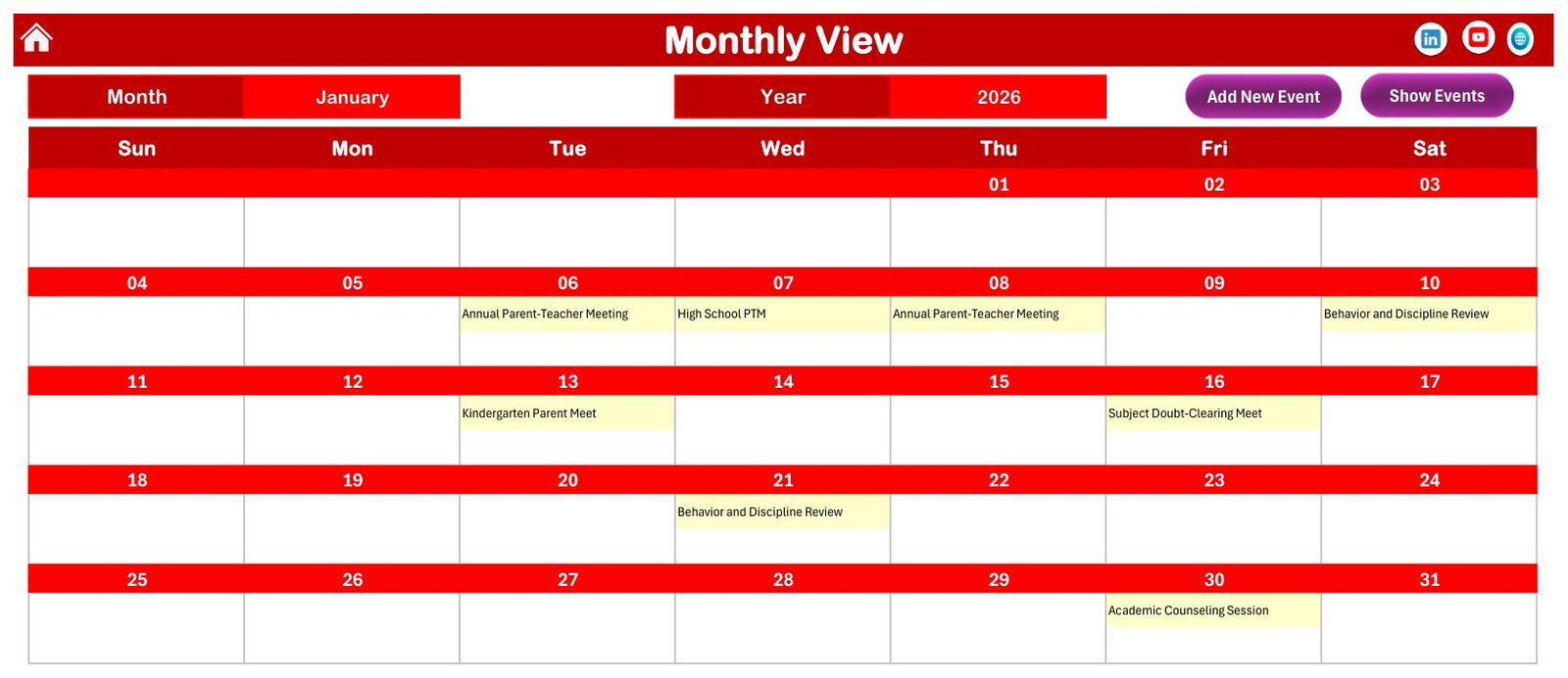 Monthly View for January 2026 with demo events on the 6th, 7th, 8th, 10th, 13th, 16th, 21st and 30th