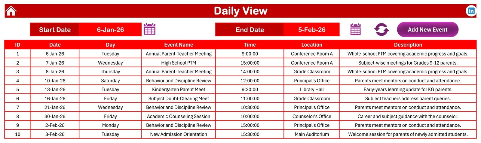 Daily View listing ten demo events between 6 January 2026 and 5 February 2026