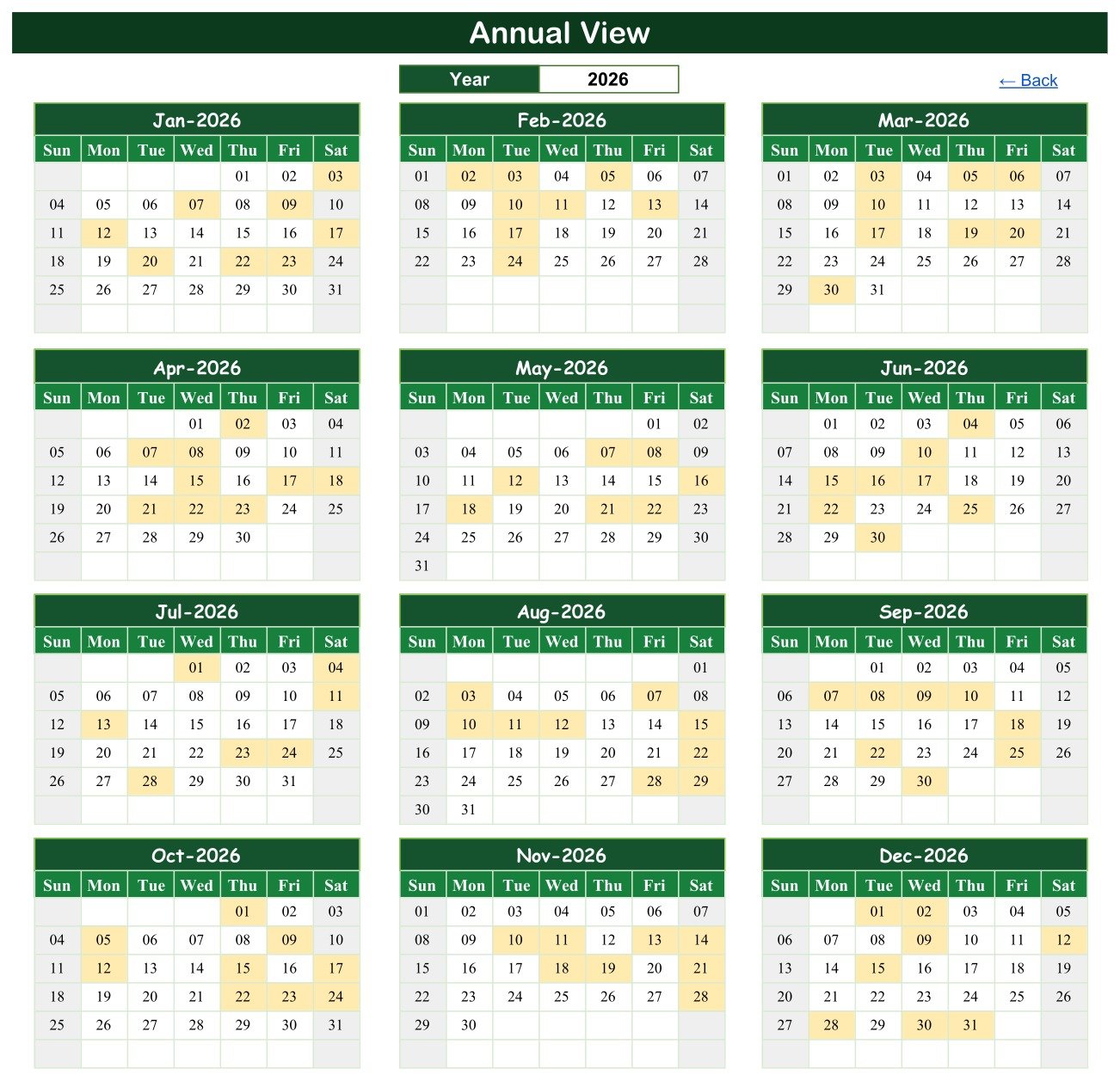 Annual view with twelve 2026 month grids and a year picker