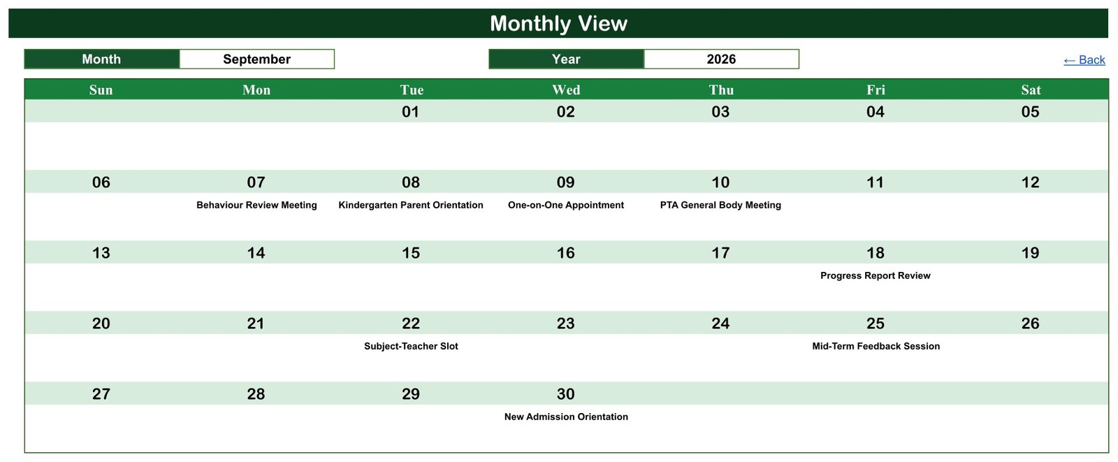Monthly view for September 2026 with meeting titles under each date