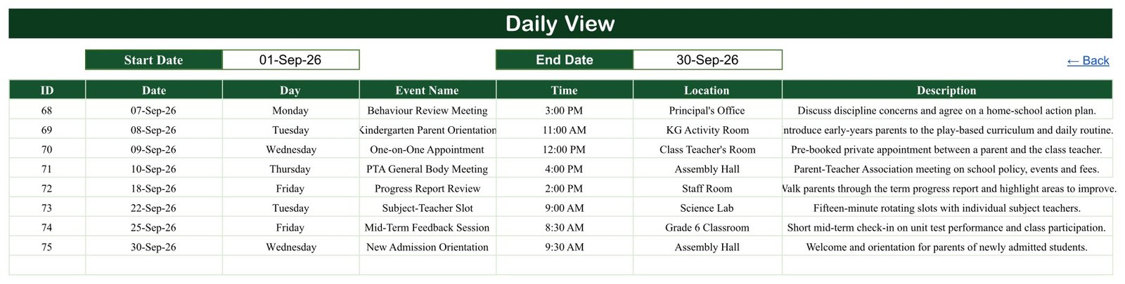 Daily view listing September 2026 meetings with times and locations