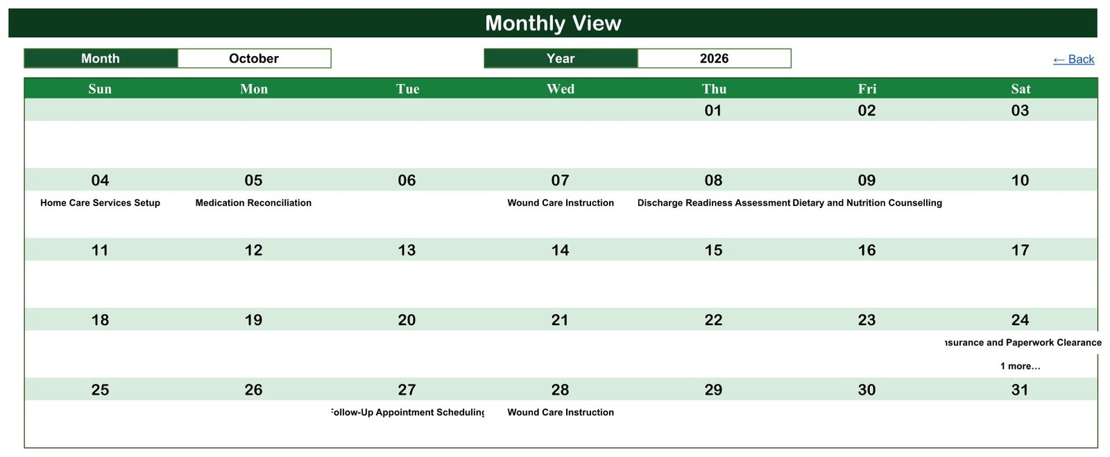 October monthly calendar with generic discharge coordination tasks