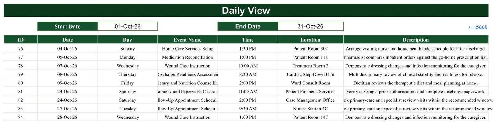 Daily date-range list with event time location and description
