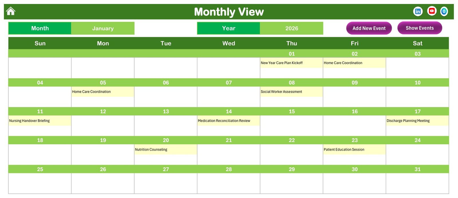 Monthly View of the Patient Discharge Planning Calendar in Excel showing January 2026 discharge planning activities by day