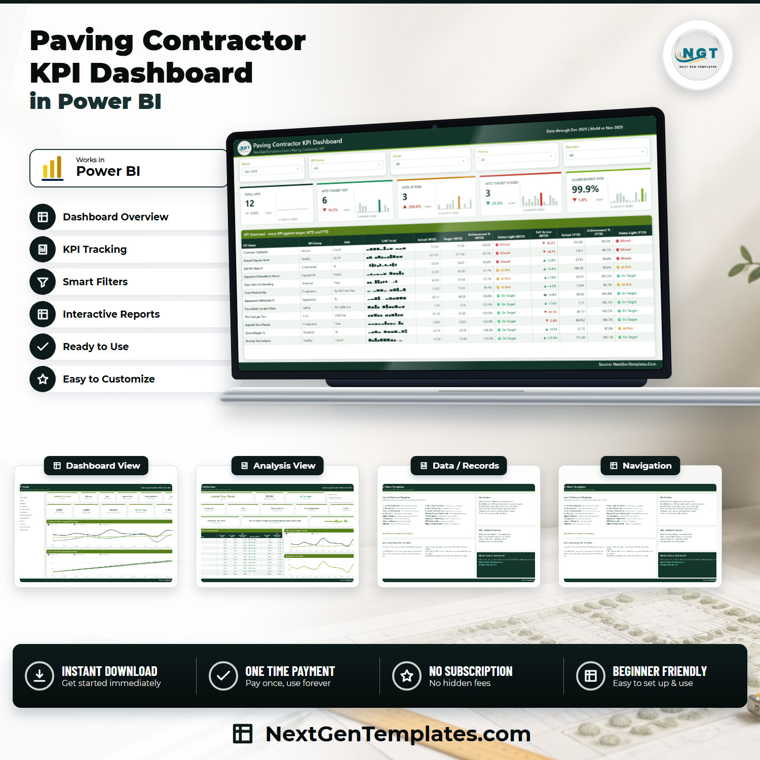 Paving Contractor KPI Dashboard in Power BI - product feature image