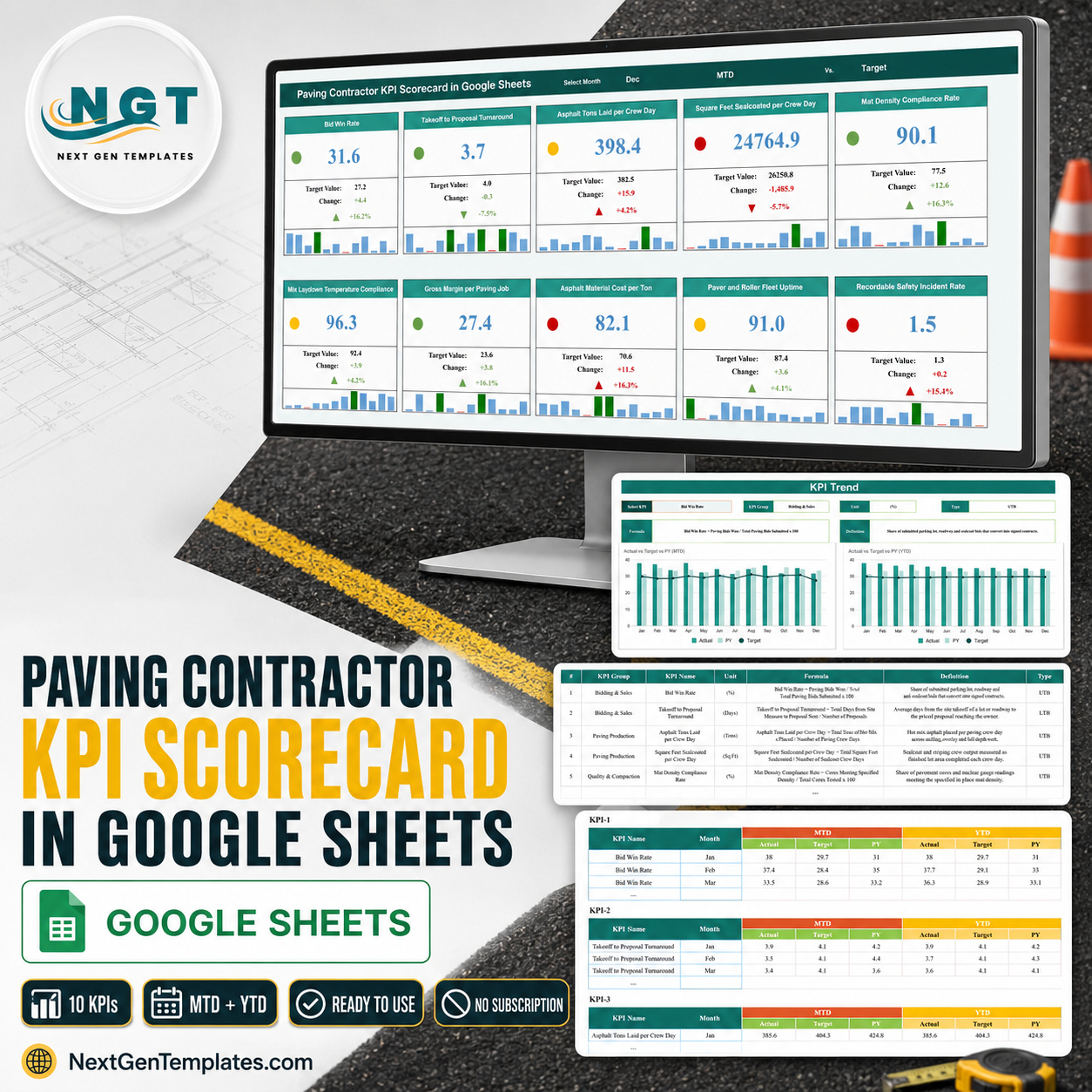 Paving Contractor KPI Scorecard in Google Sheets product cover
