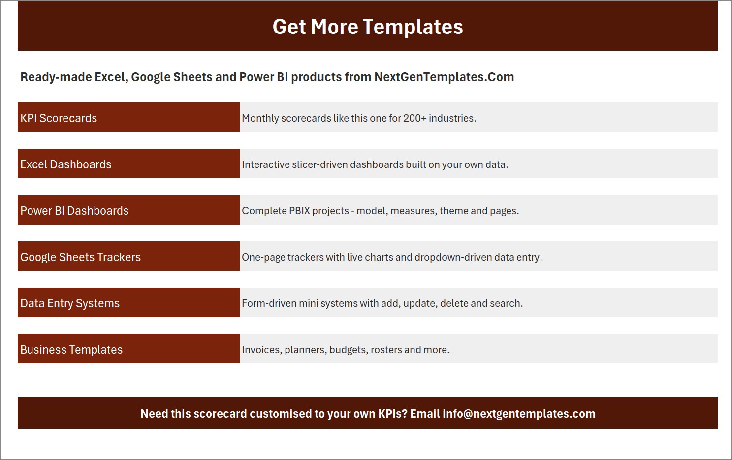 Get More Templates page linking to other NextGenTemplates Excel, Google Sheets and Power BI products
