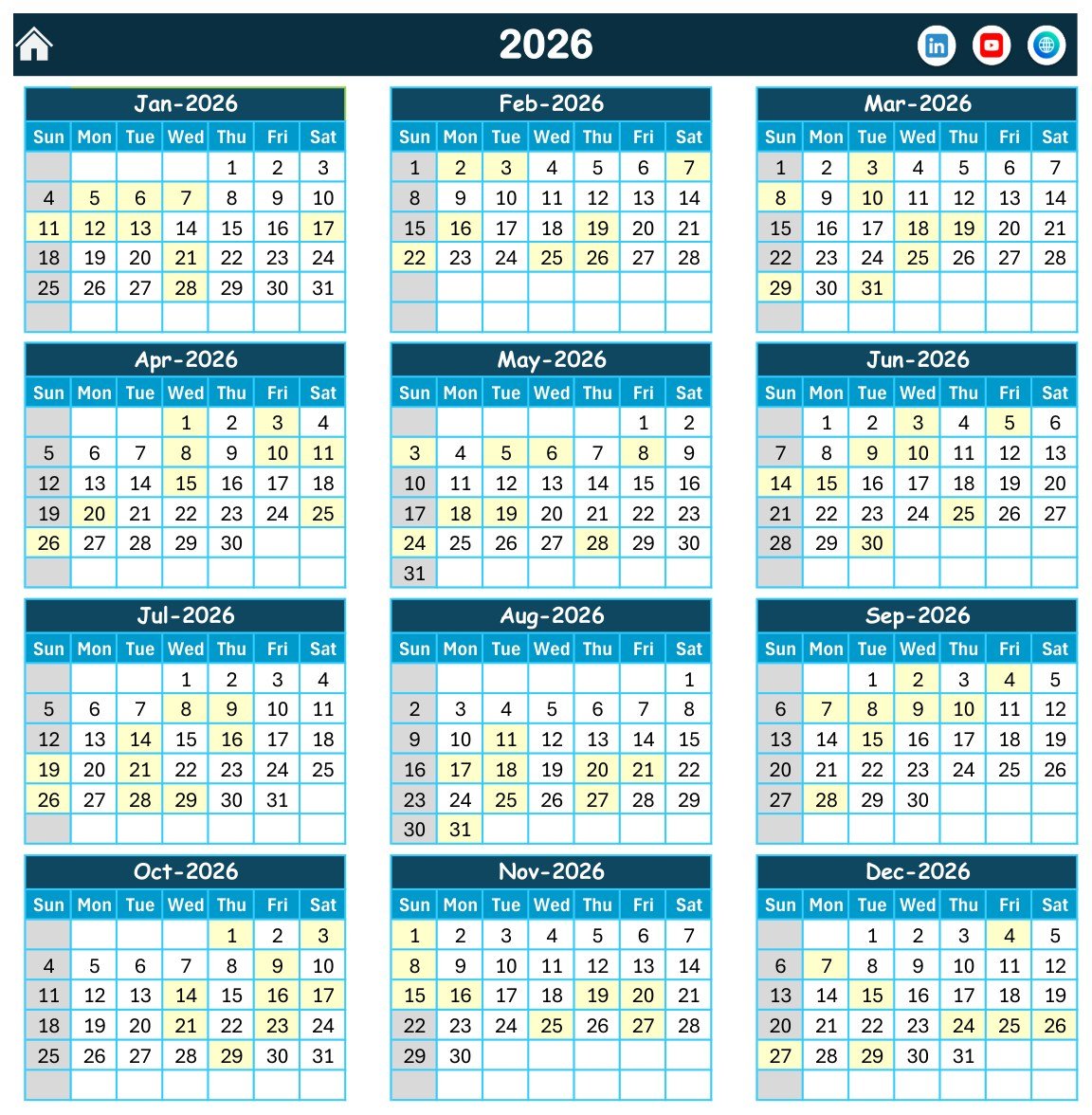 Annual view of 2026 campus placement dates in Excel