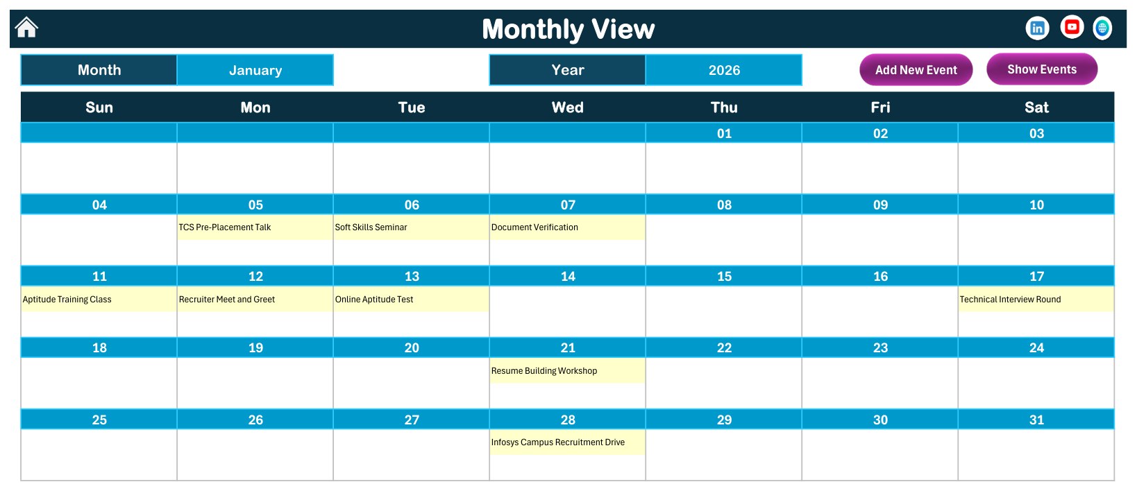 Monthly view of January placement events in the Excel calendar