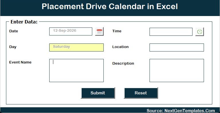 Entry form for adding a new placement event in Excel