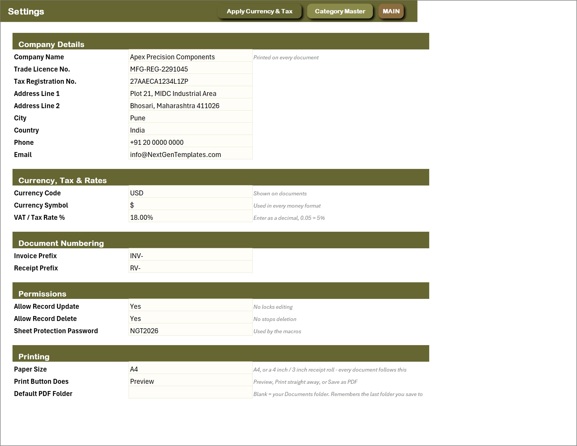 Settings sheet with company, tax, permissions and printing defaults