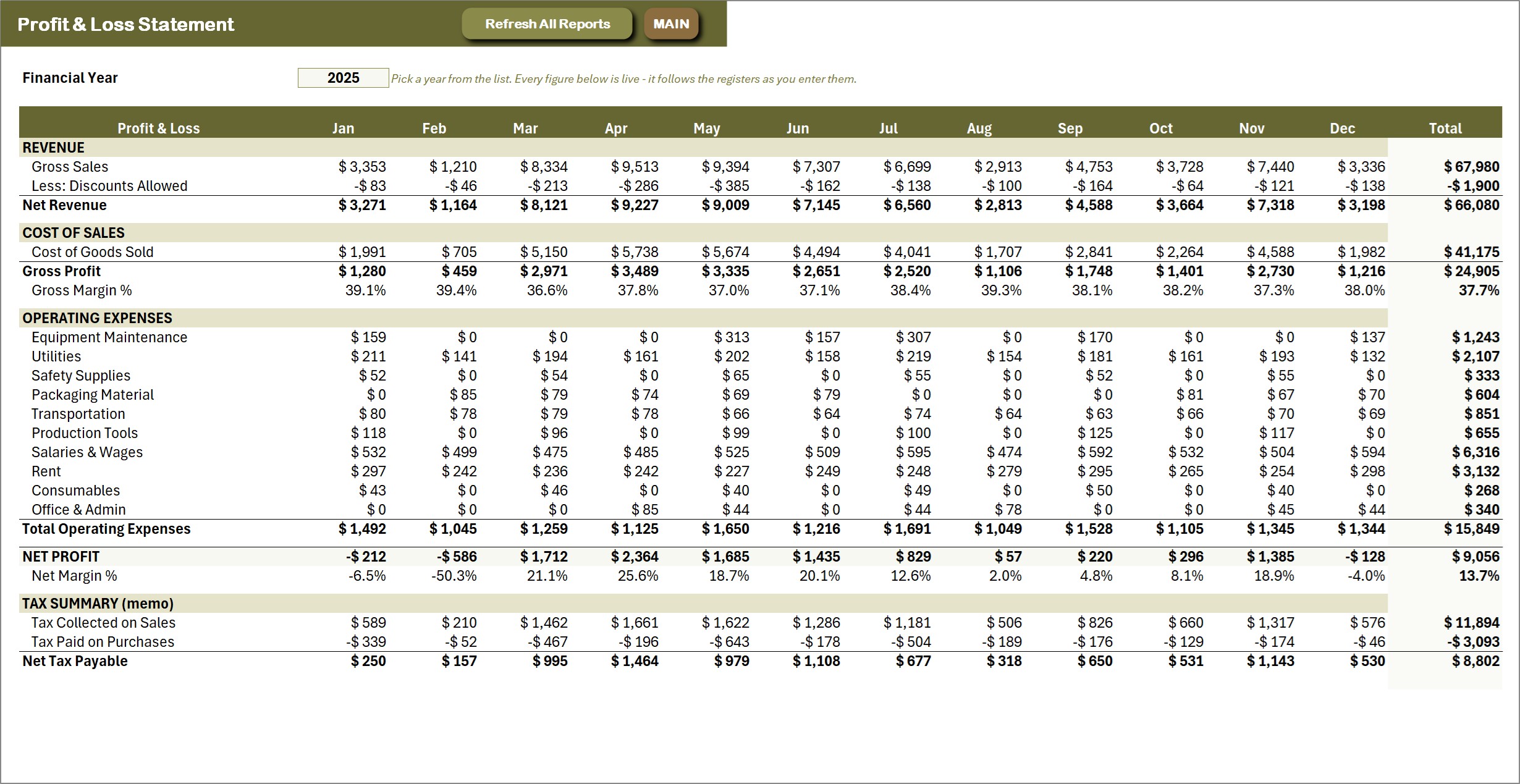 Profit and Loss statement for a manufacturing plant in Excel