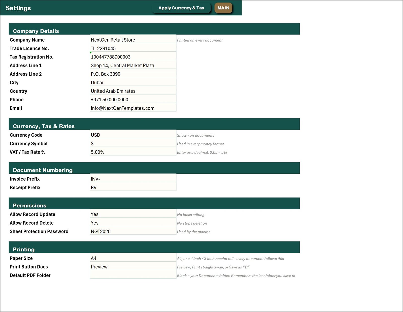 Settings and Paper Size in the Retail Store Management System