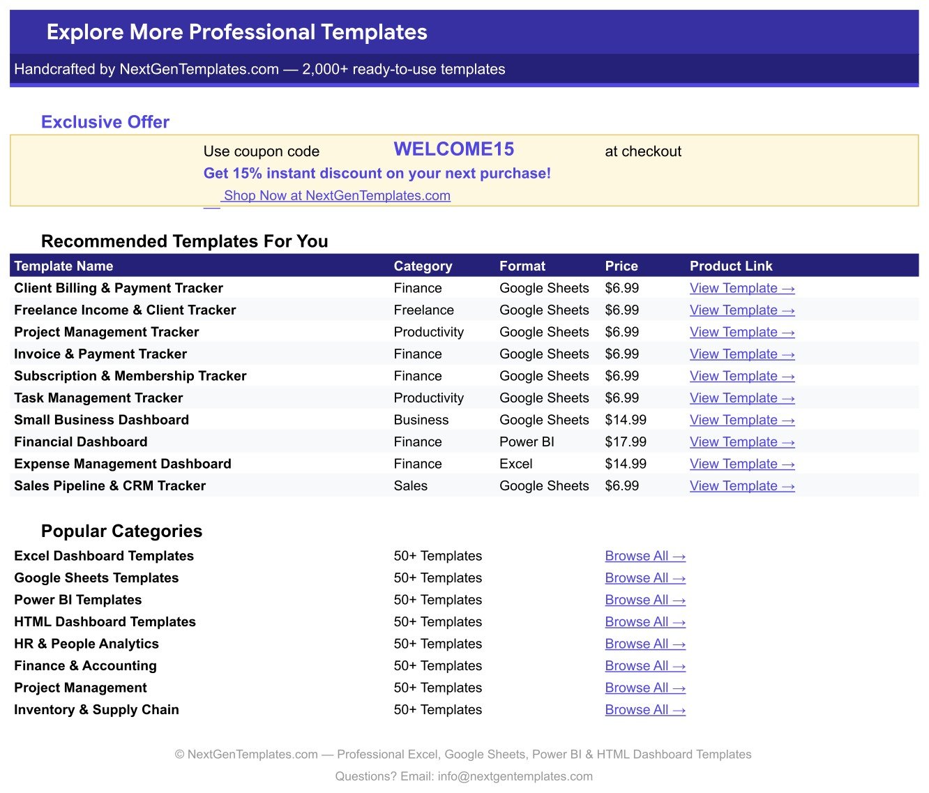 Related templates sheet included with the tracker