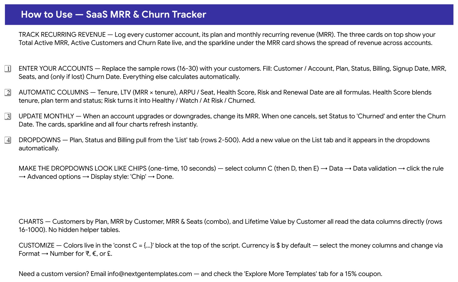 SaaS MRR & Churn Tracker - Instructions tab