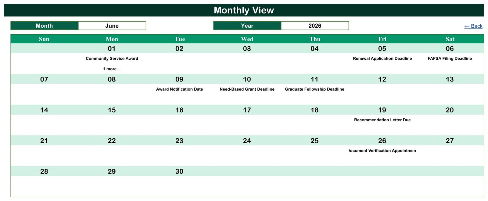 Scholarship application calendar - Monthly View