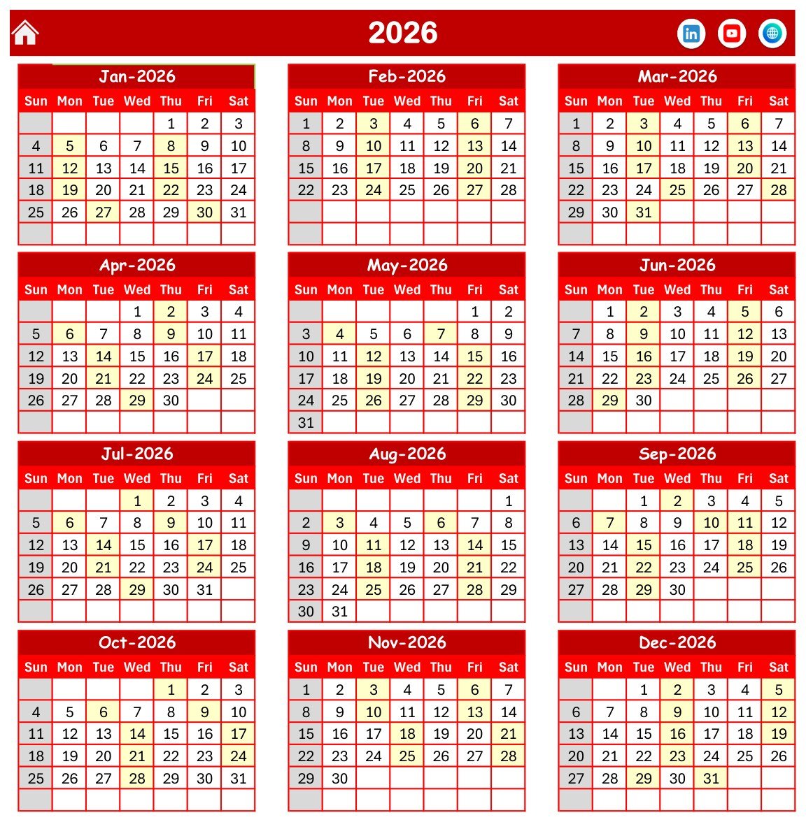 Scholarship Deadline Calendar in Excel annual view for 2026