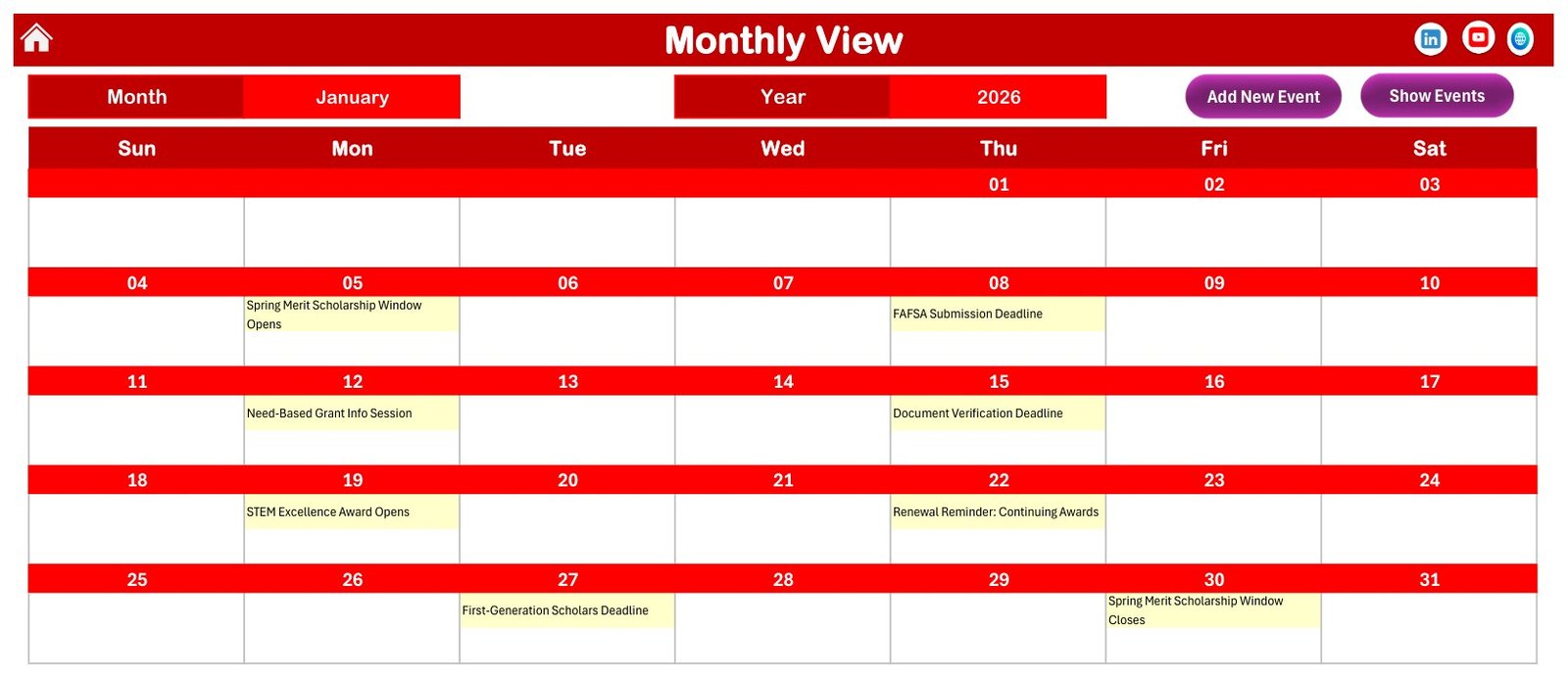 Scholarship Deadline Calendar in Excel monthly deadline view
