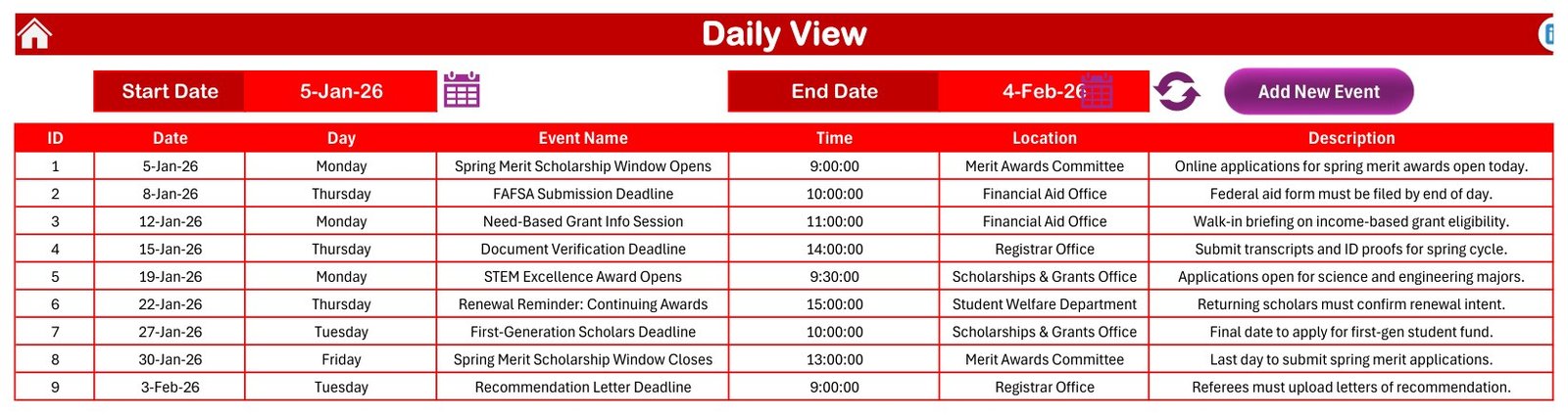 Scholarship Deadline Calendar in Excel daily event list