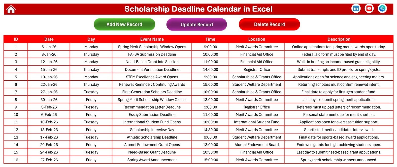 Scholarship Deadline Calendar in Excel events database