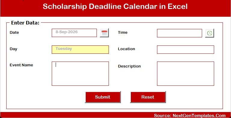 Scholarship Deadline Calendar in Excel add new event form