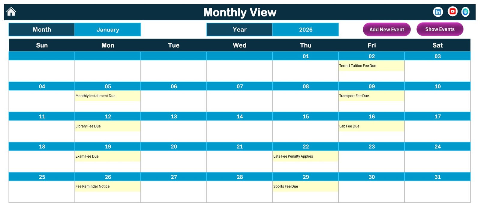 School Fee Due Calendar in Excel - Image 4