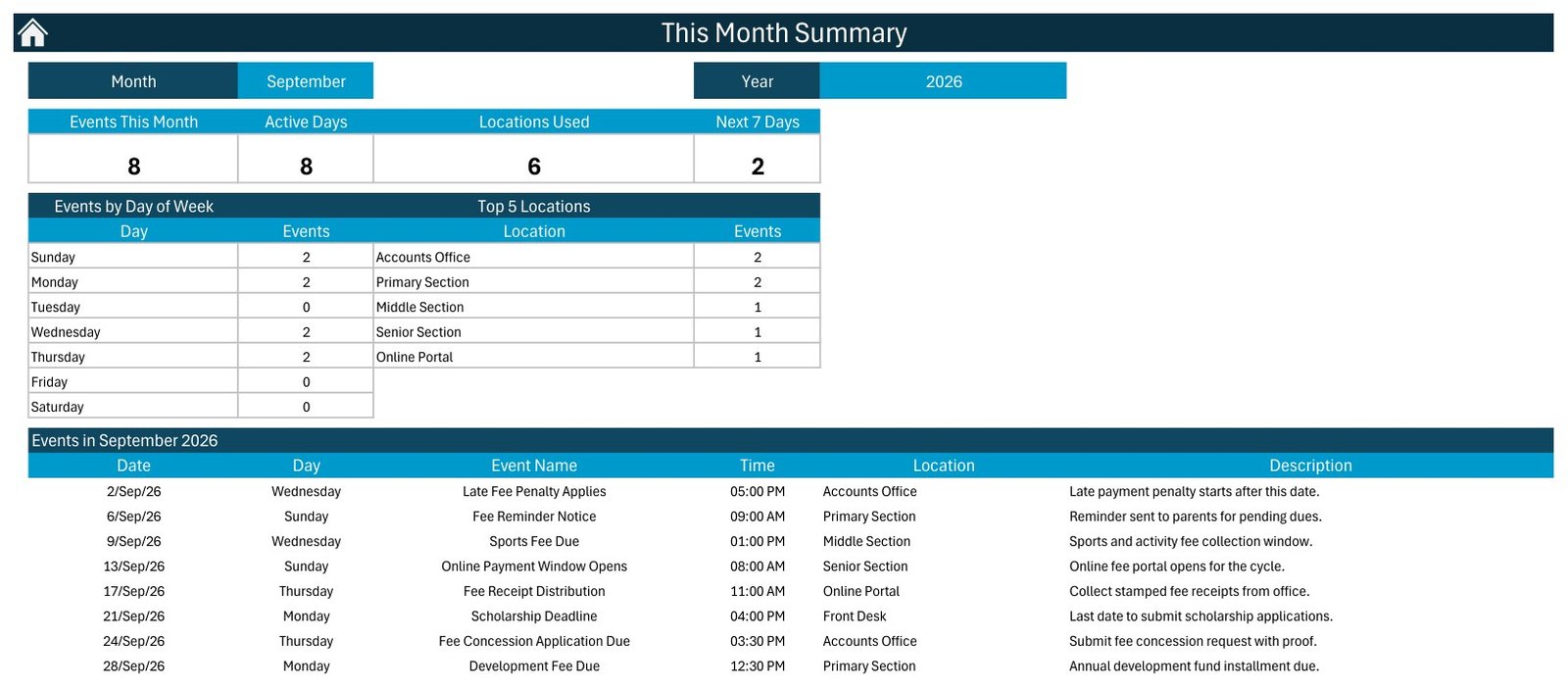 School Fee Due Calendar in Excel - Image 6