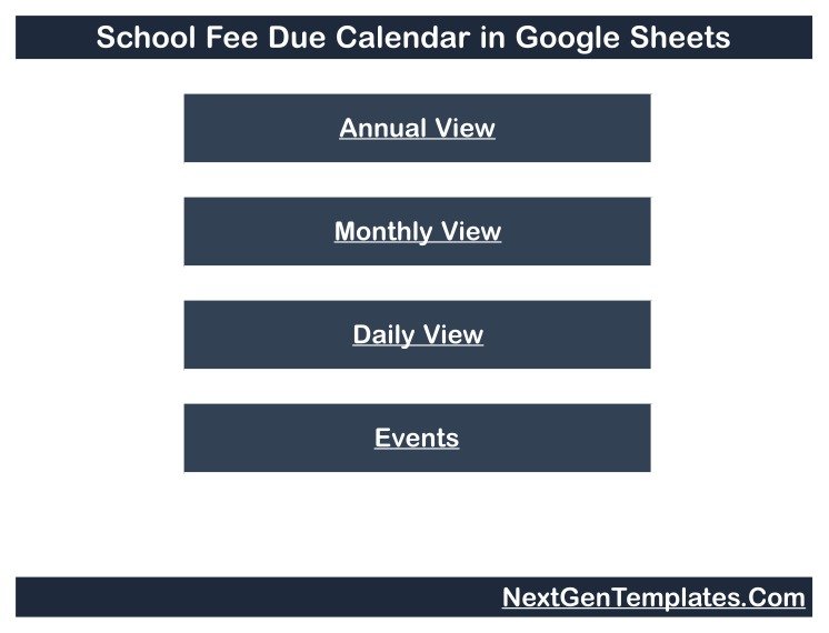 School Fee Due Calendar in Google Sheets - Home navigation page