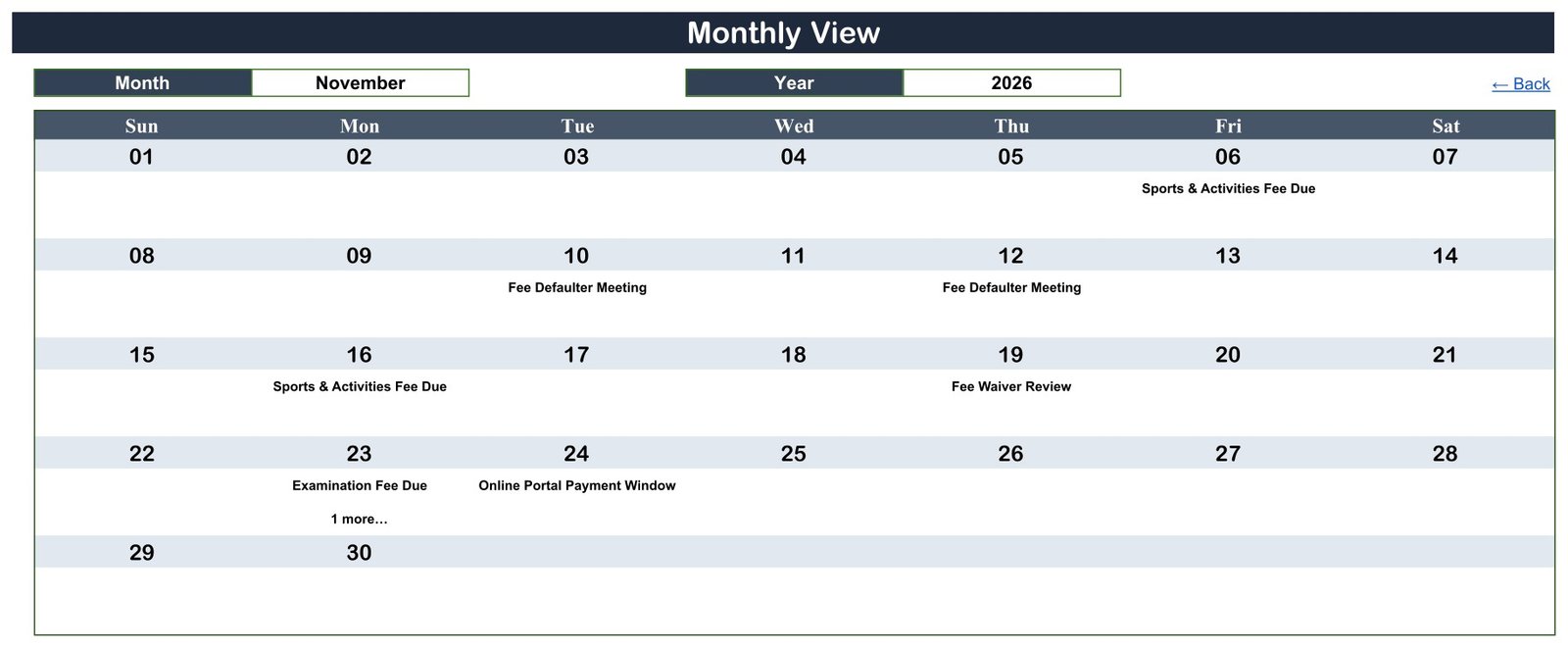 Monthly View - November 2026 fee events in the day cells