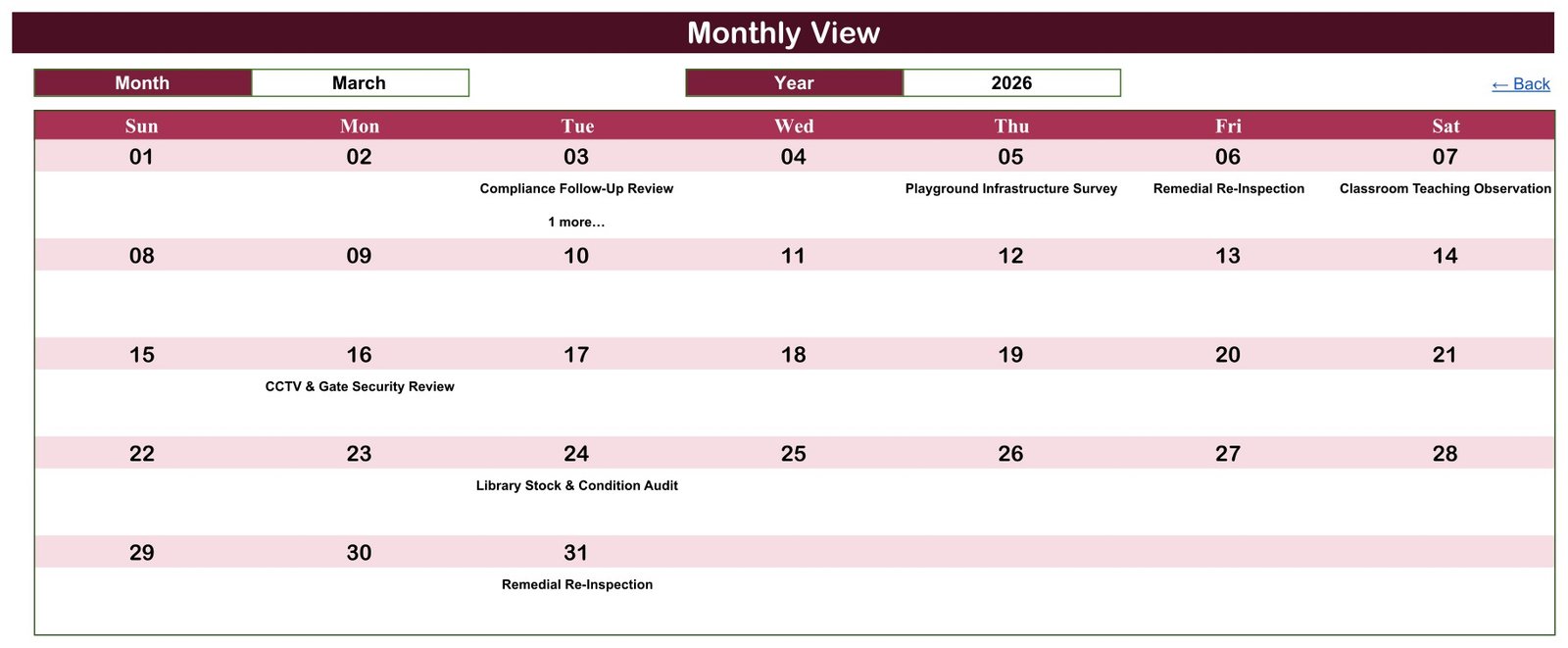 Monthly View of the school inspection calendar