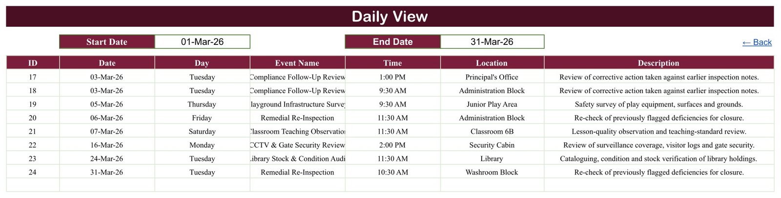Daily View listing school inspections by date range