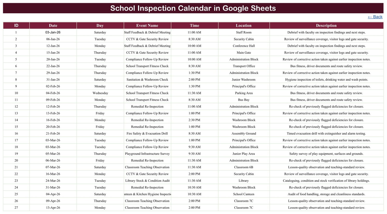 Events list of the school inspection calendar