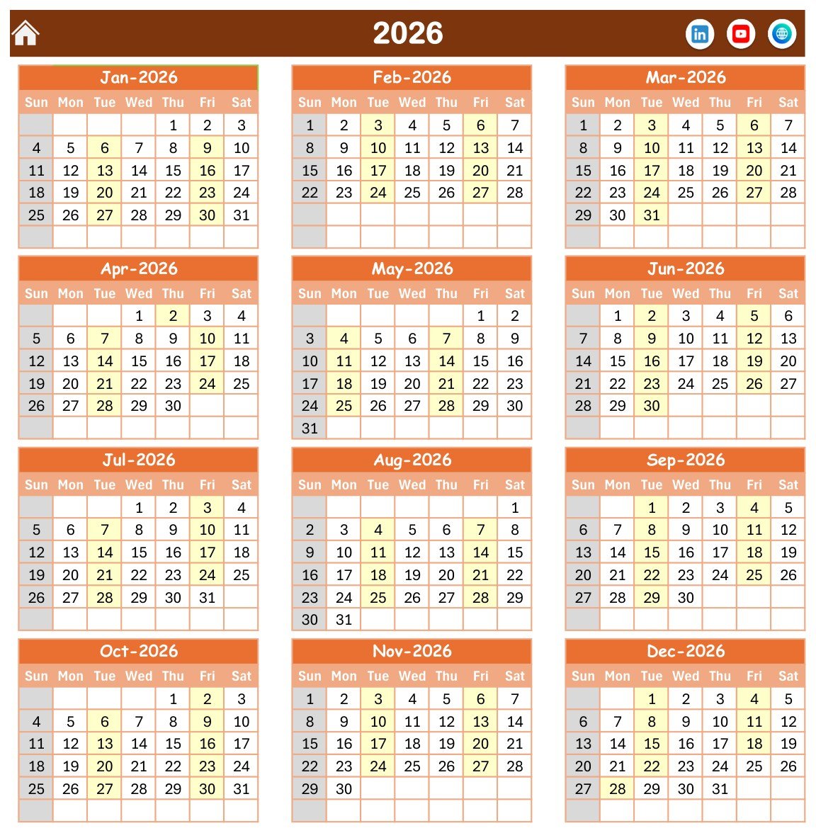 Annual view of 2026 school inspection dates in Excel