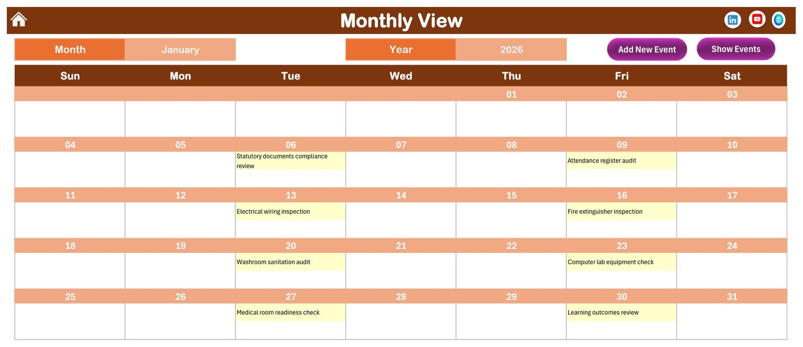 Monthly view of January school audits in the Excel calendar