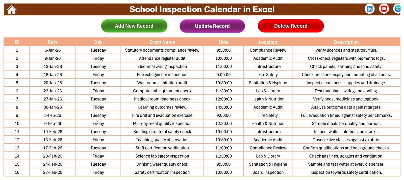 Events sheet with 100 sample school inspection records