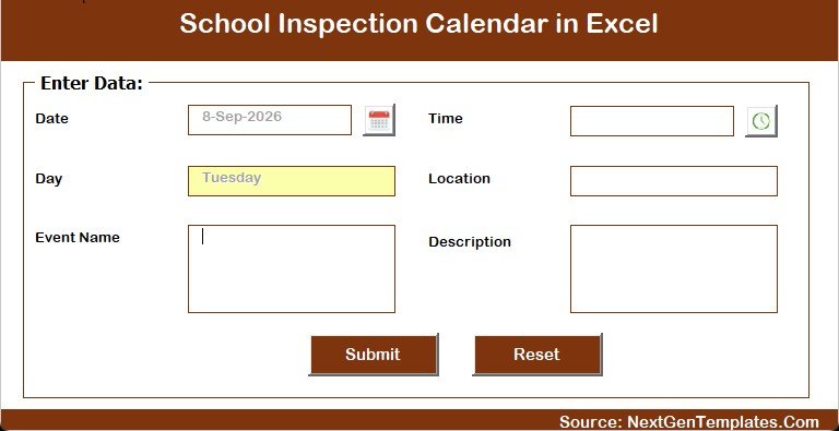 Entry form for adding a new school inspection in Excel