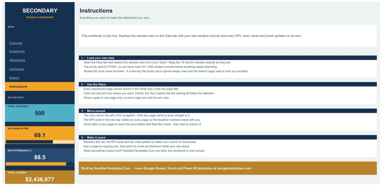 Instructions page explaining how to load your own student data and use the slicers