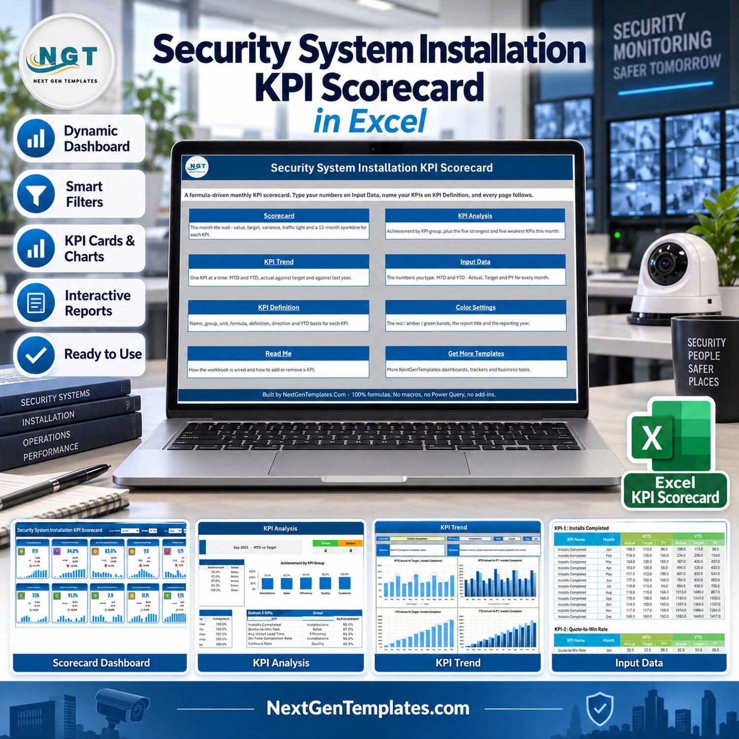 KPI Scorecard in Excel product feature for security installation reporting