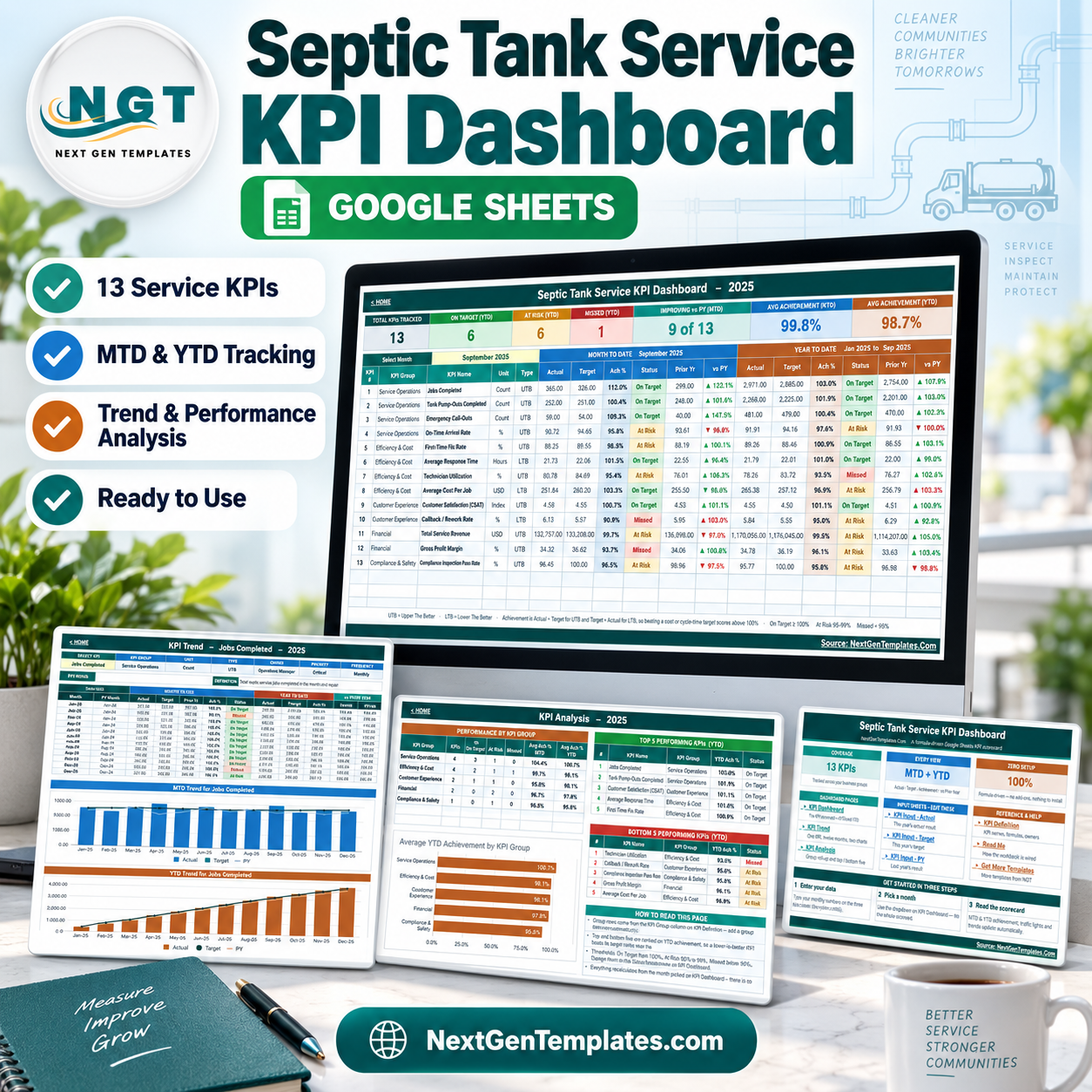 Septic Tank Service KPI Dashboard in Google Sheets product image