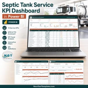 Septic Tank Service KPI Dashboard in Power BI - product cover showing the KPI Scorecard, KPI Trend and KPI Definition pages
