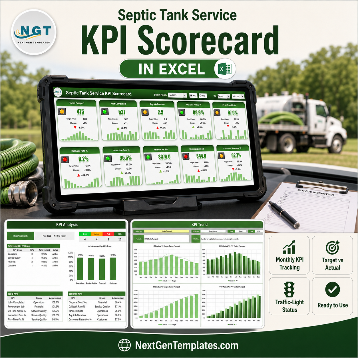 Septic Tank Service KPI Scorecard in Excel