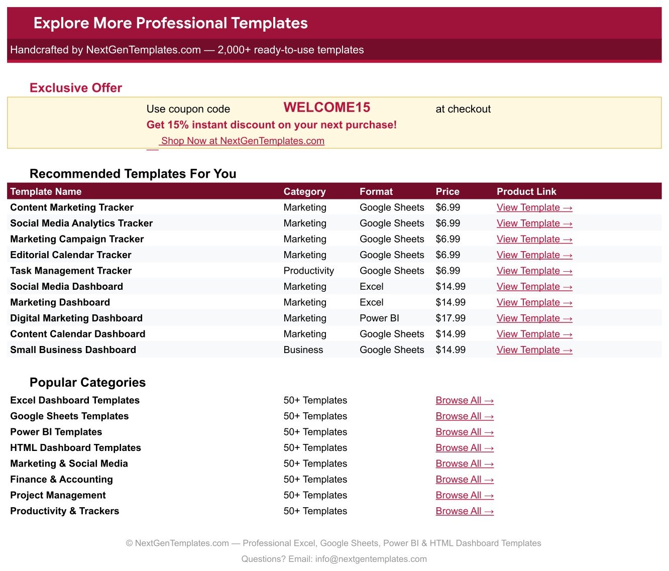 Explore More Templates tab with WELCOME15 coupon