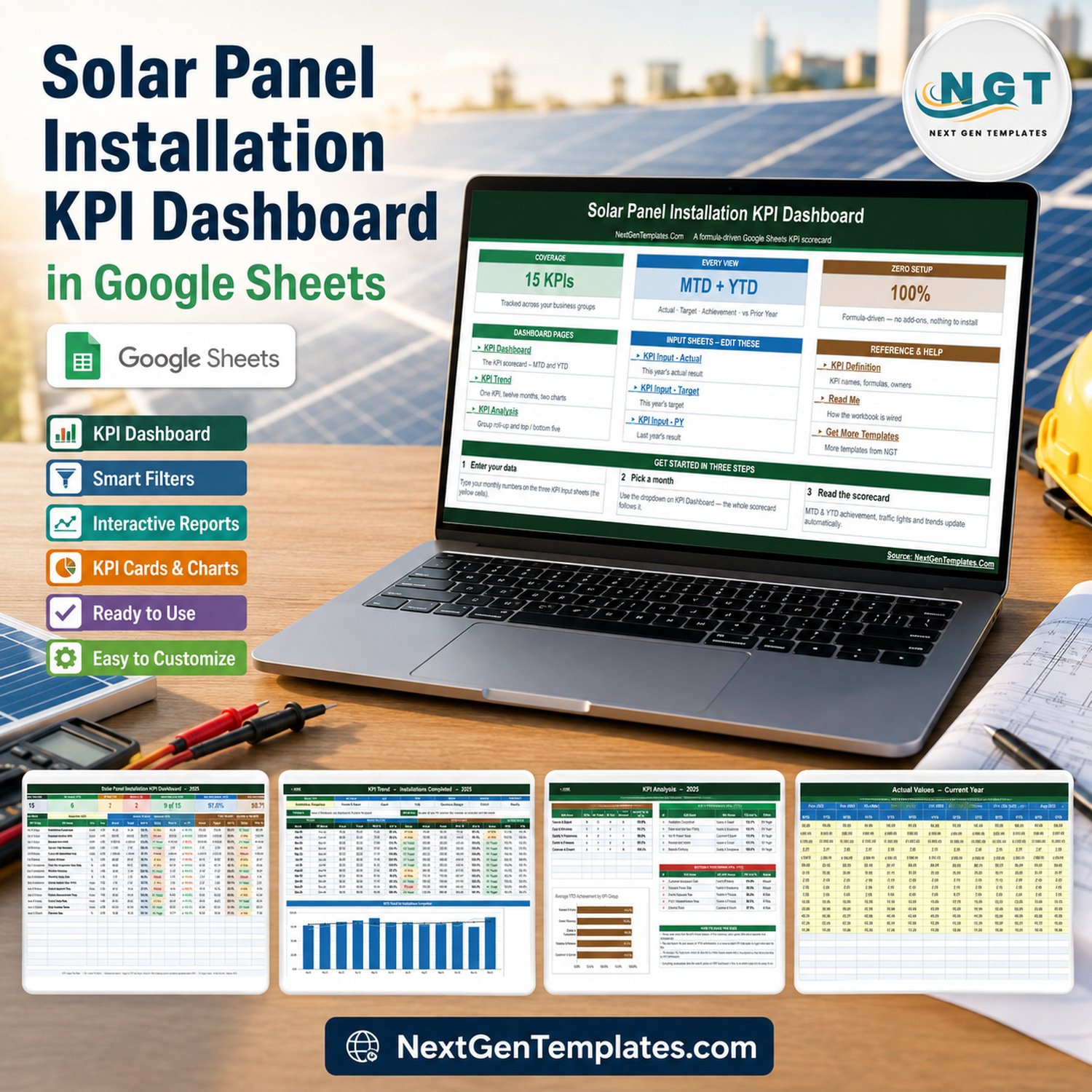 Solar Panel Installation KPI Dashboard in Google Sheets template cover