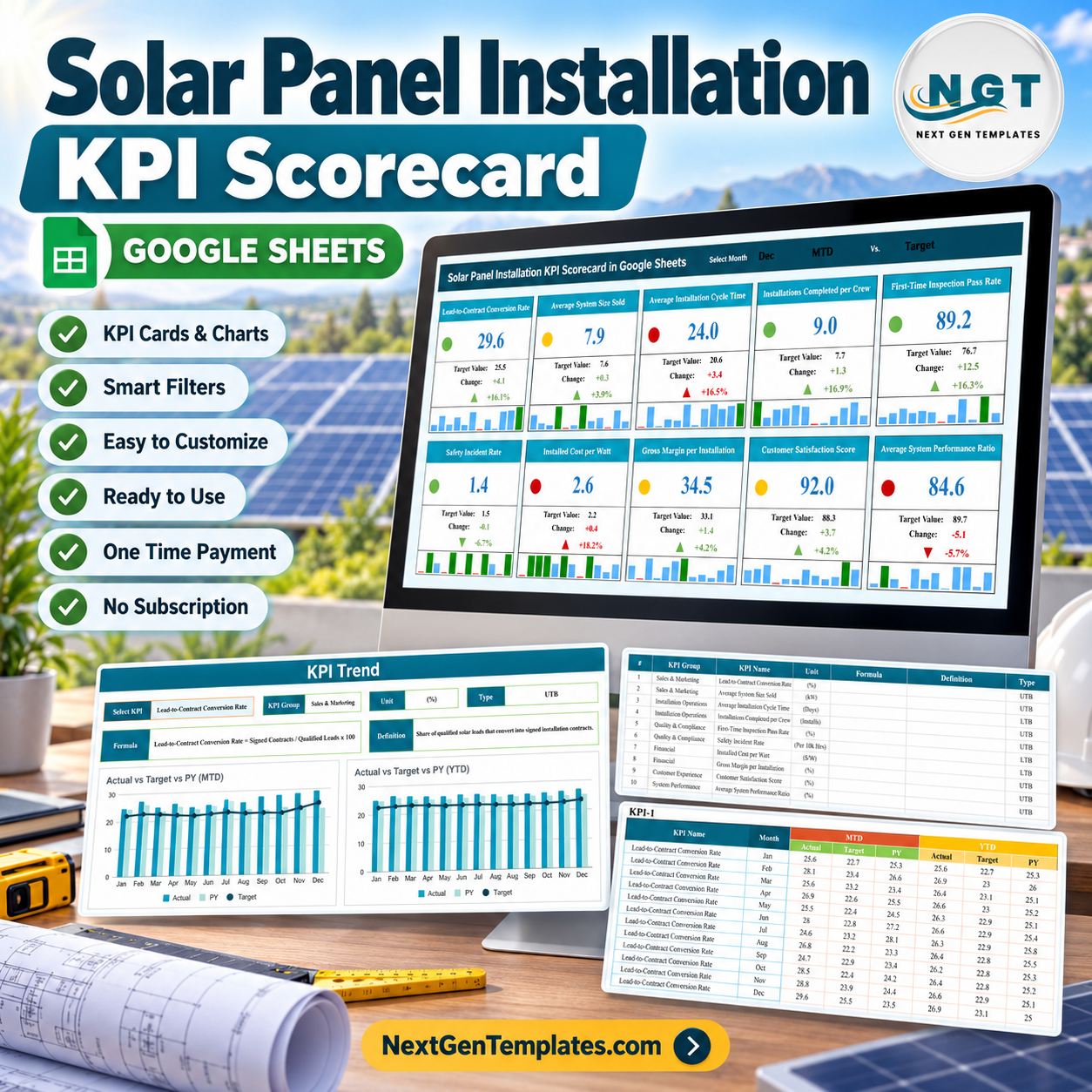 Solar Panel Installation KPI Scorecard in Google Sheets product image