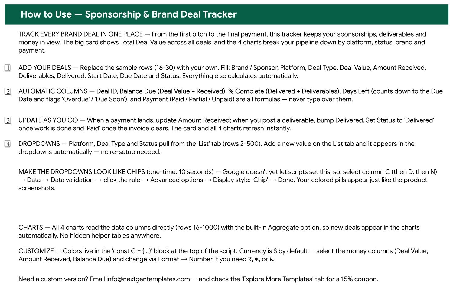 How to Use tab of the Sponsorship and Brand Deal Tracker in Google Sheets
