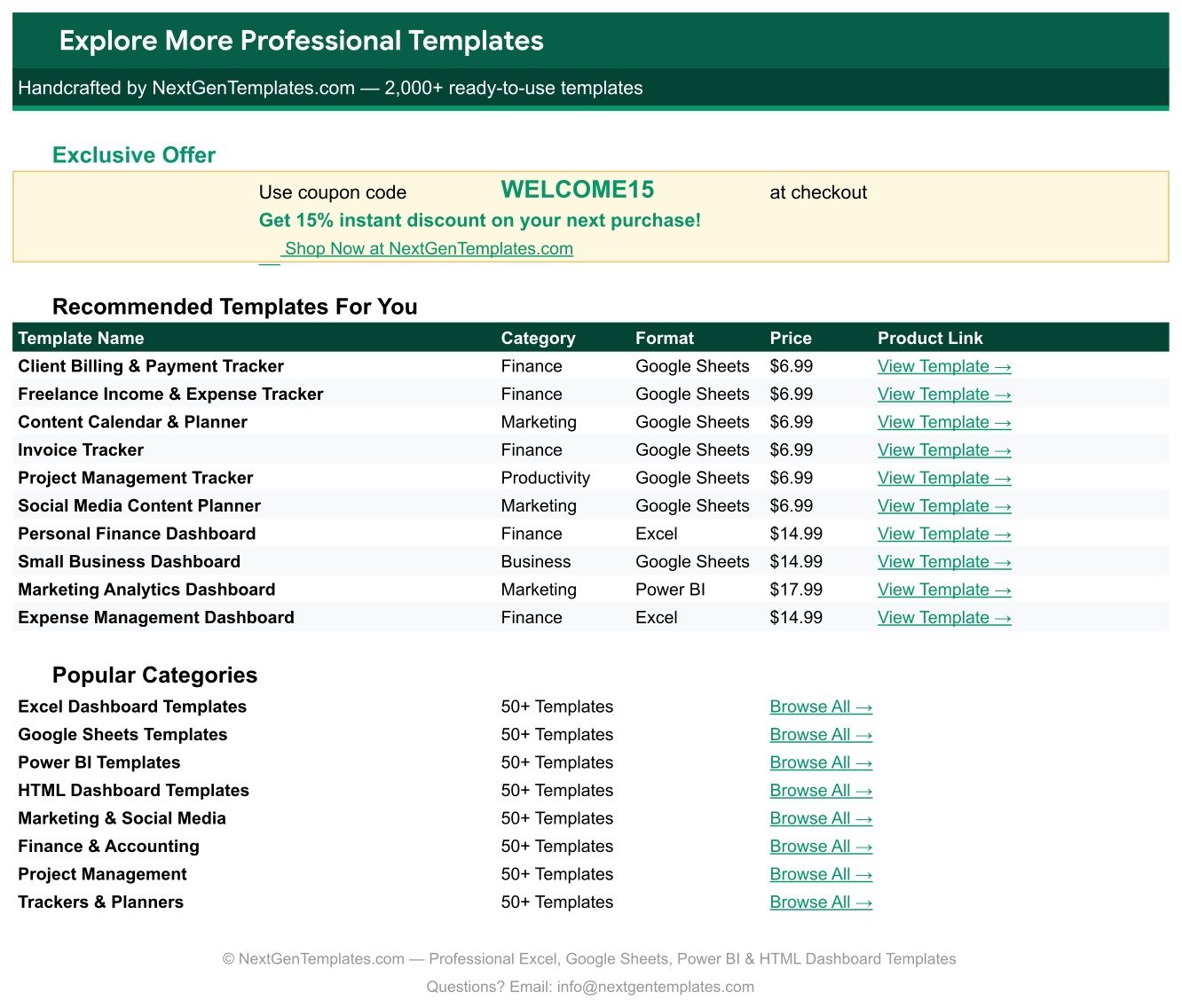 Explore More Templates tab with WELCOME15 coupon