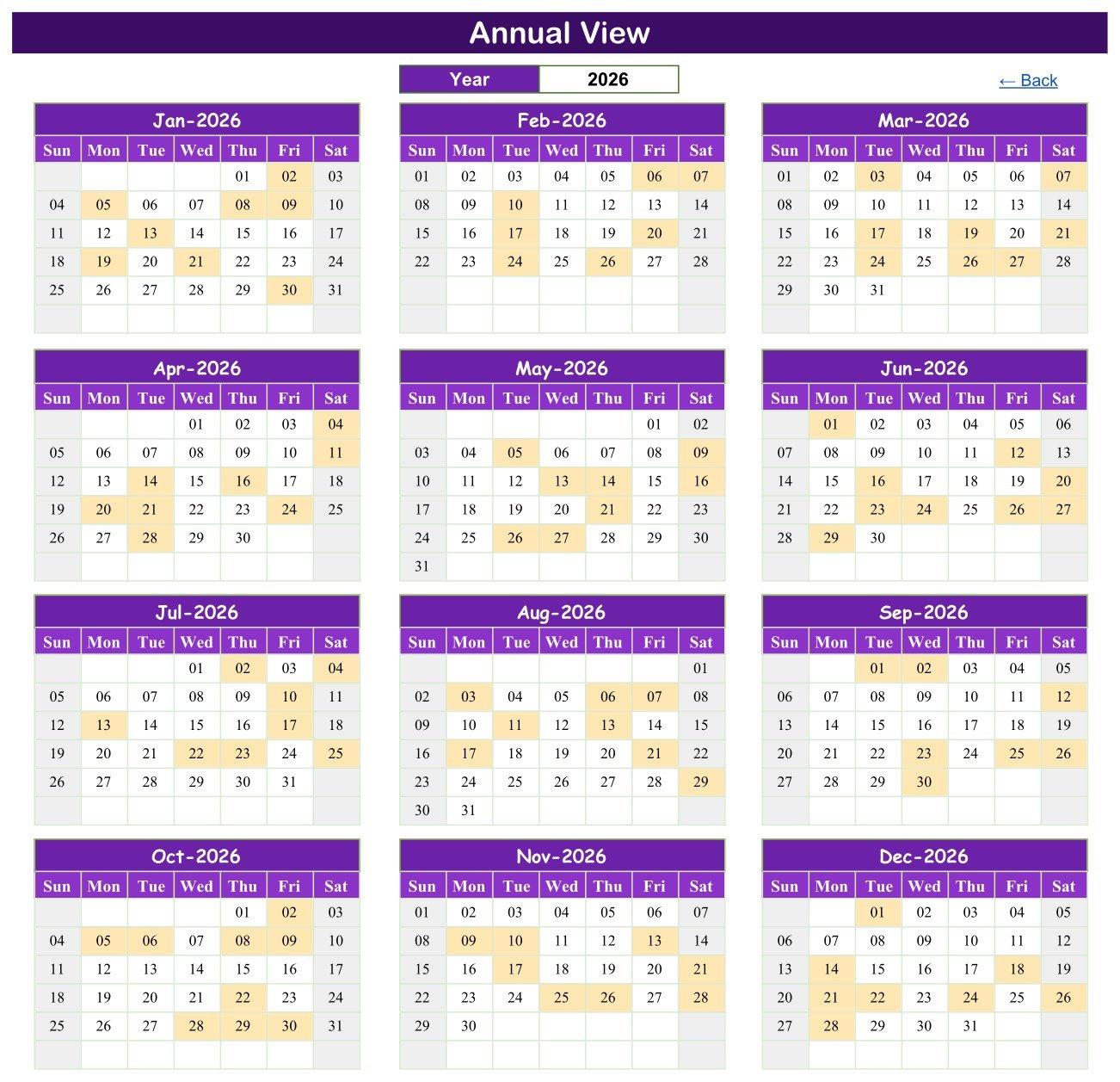 Annual View of a school sports practice calendar